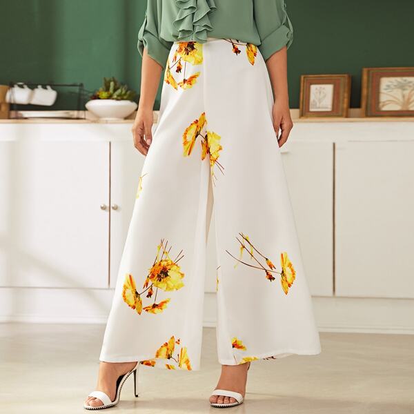 Zipper Fly Floral Print Palazzo Pants, White