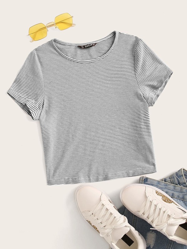 

Cap Sleeve Striped Tee, Grey