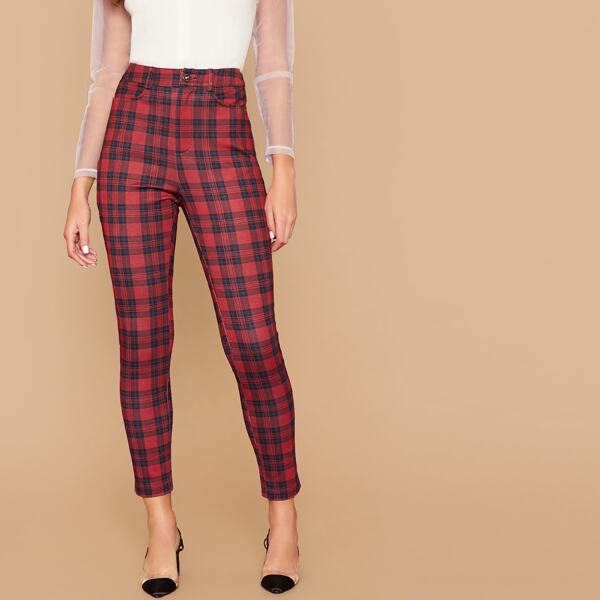 

Tartan Print Crop Skinny Pants, Red