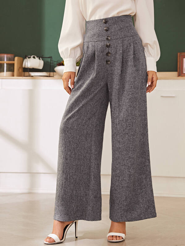 

Button Front Wide Waistband Wide Leg Pants, Grey, Debi Cruz