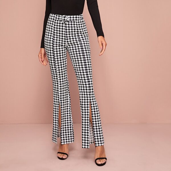 

Gingham Slit Hem Flare Leg Pants, Black and white