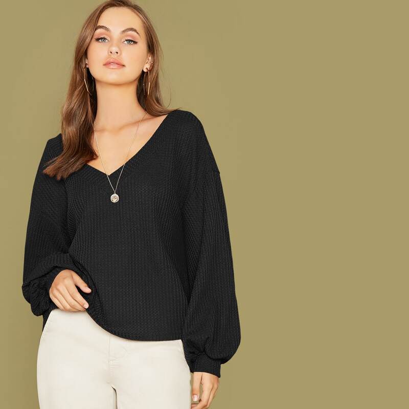 

V-neck Lantern Sleeve Rib-knit Top, Black