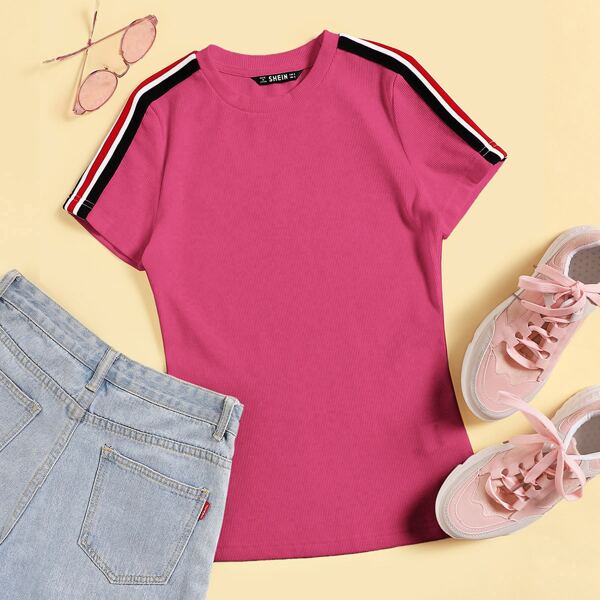 

Striped Tape Side Sleeve Top, Pink bright