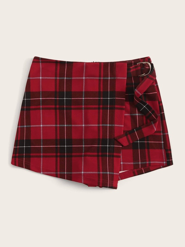 

Tartan Print Wrap Knotted Skort, Burgundy