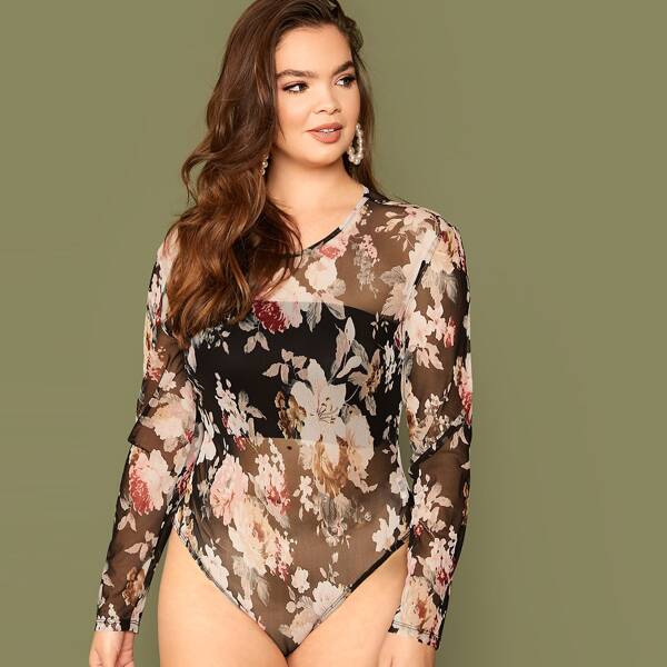 

Plus Floral Print Sheer Mesh Bodysuit Without Bandeau, Multicolor