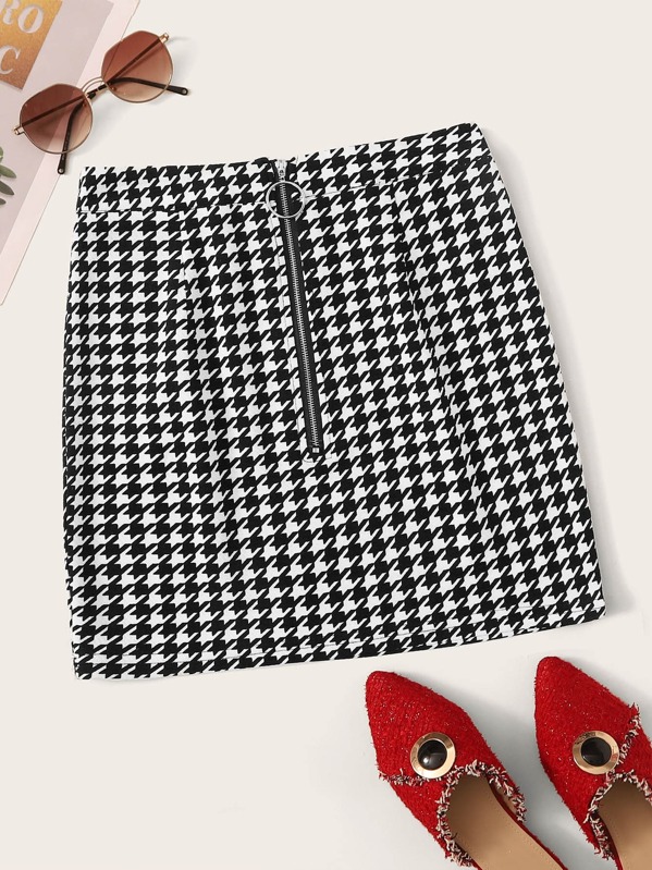 

Houndstooth Print O-ring Zip Front Bodycon Skirt, Black and white, Andy
