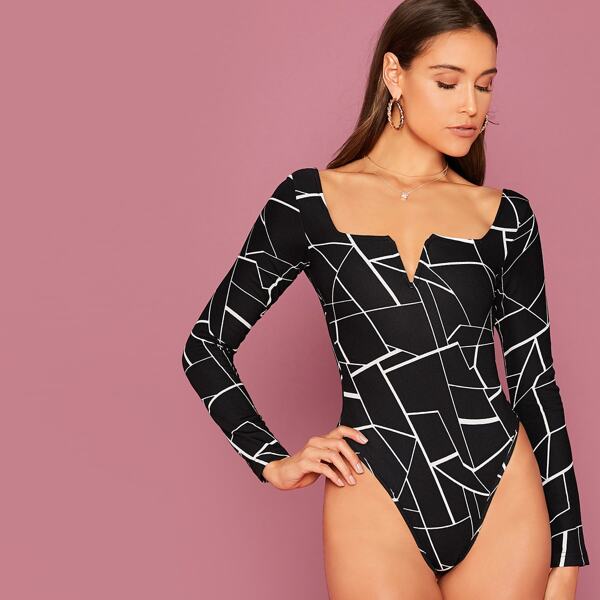 

Geo Print Notched Neckline Skinny Bodysuit, Black
