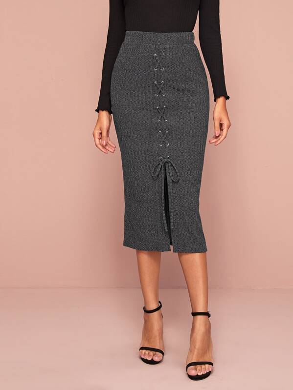 

Elastic Waist Lace Up Front Textured Skirt, Grey, Mary P.