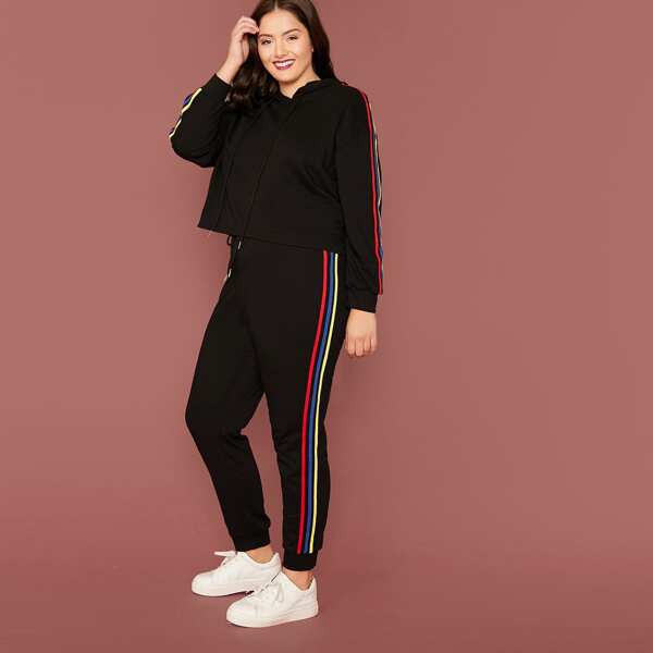 

Plus Drawstring Detail Striped Side Hoodie & Sweatpants Set, Black