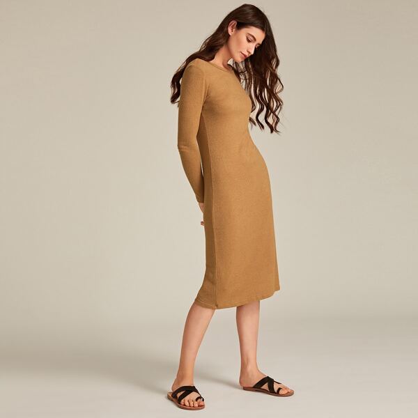 

Slit Hem Solid Jersey Pencil Dress, Camel pastel