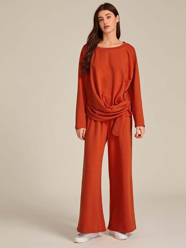 

Neon Orange Tie Hem Top and Wide Leg Pants Set, Mila