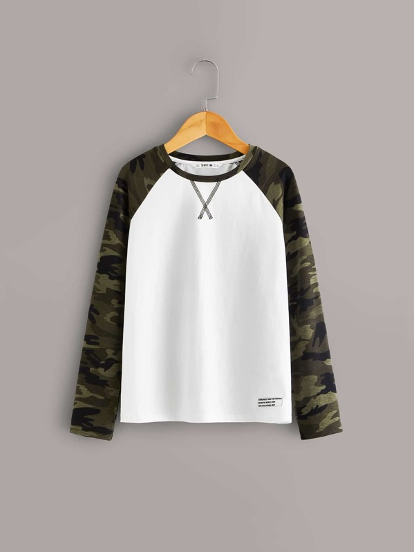 

Boys Camo Raglan Sleeve Contrast Stitch Tee, White