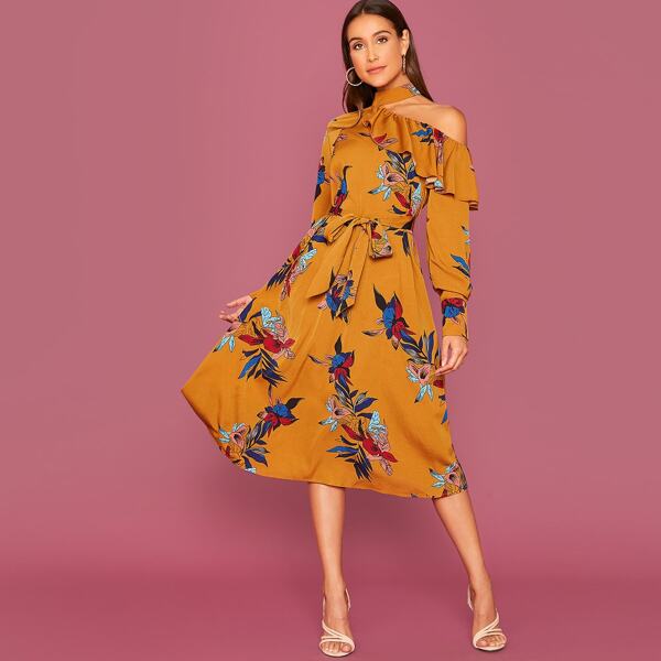 

Asymmetrical Neck Ruffle Trim Floral Print Belted Dress, Yellow bright