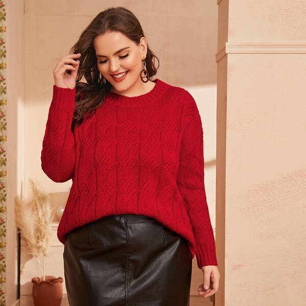 

Plus Drop Shoulder Cable Knit Sweater, Red bright