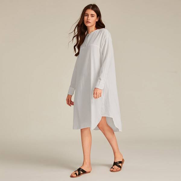 

O-ring Zip Front Asymmetrical Hem Tunic Dress, White