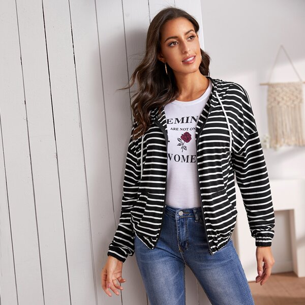 

Zip Up Drop Shoulder Pocket Front Striped Hoodie, Black and white