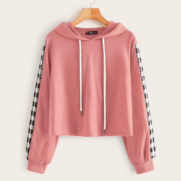 

Drawstring Detail Plaid Striped Side Hoodie, Pink