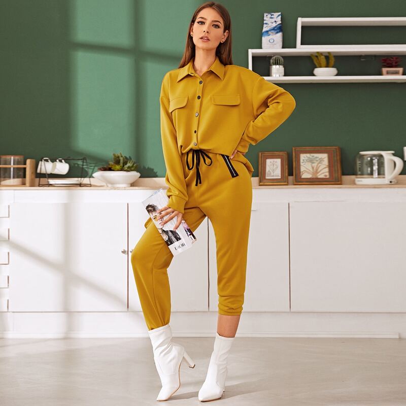 

Buttoned Front Jacket & Zip Detail Pants Set, Yellow