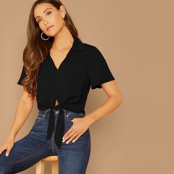

Collared Tie Front Top, Black