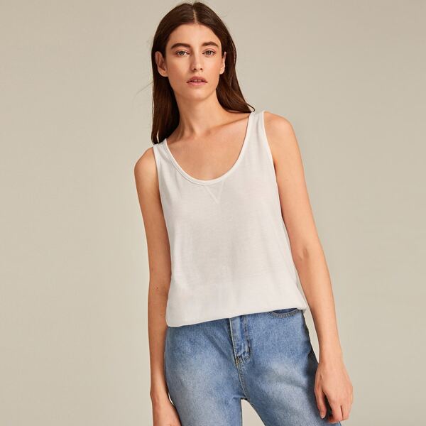 

Solid Scoop Neck Tank Top, White