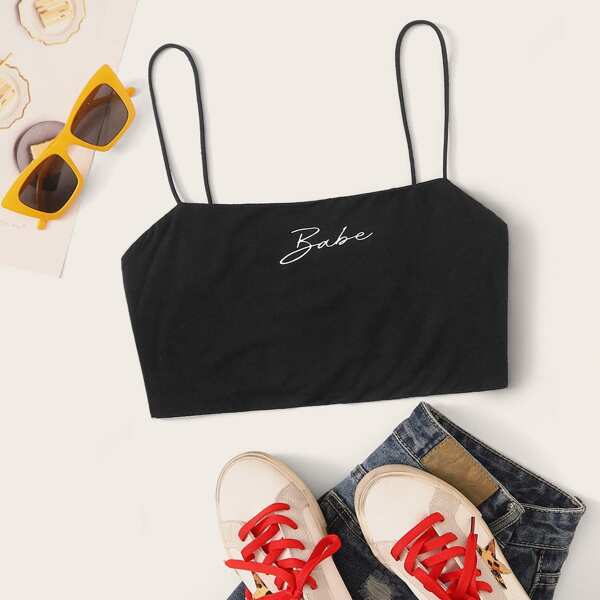 

Letter Graphic Crop Cami Top, Black