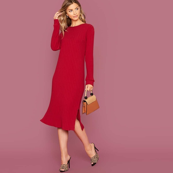 

Slit Hem Rib-knit Pencil Dress, Red bright