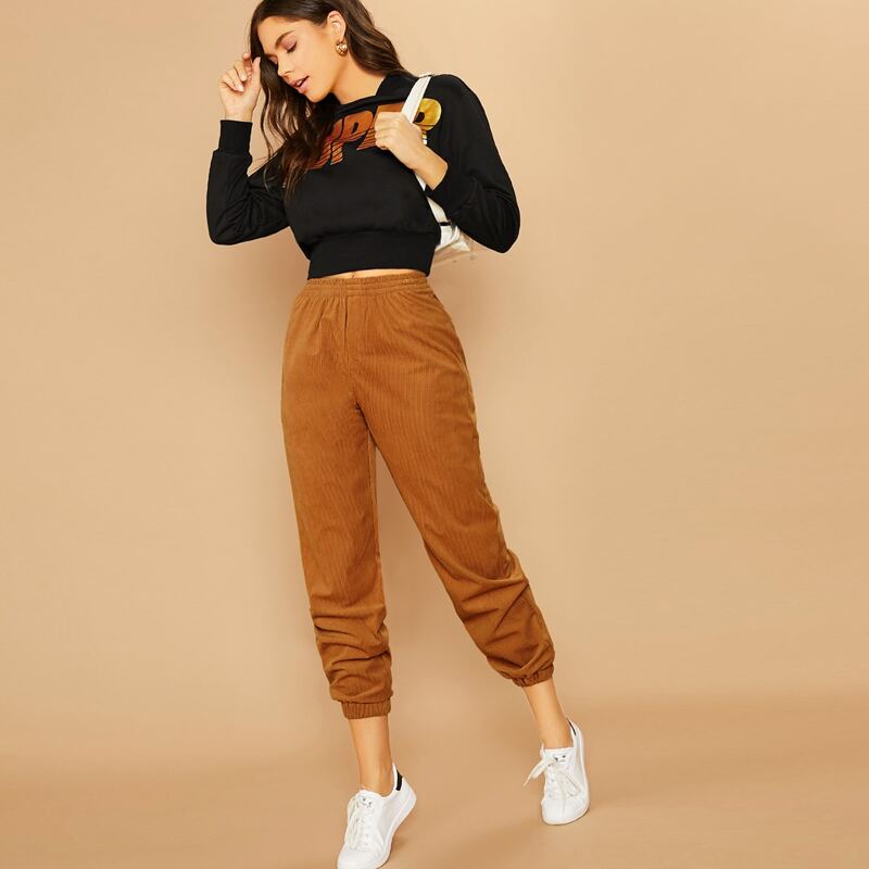 

Elastic Waist Corduroy Pants, Brown