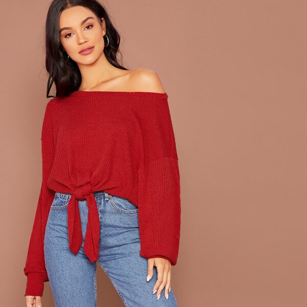 

Tie Hem Rib-knit Top, Burgundy