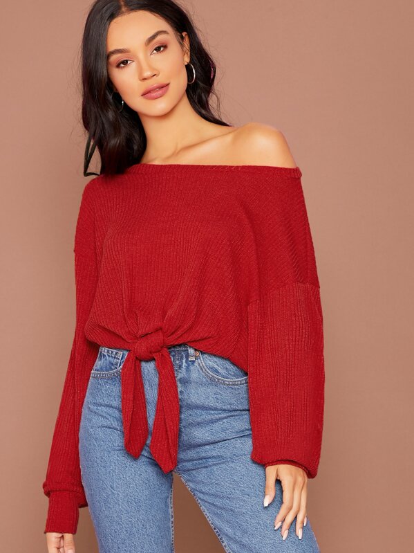 

Tie Hem Rib-knit Top, Burgundy, Juliette