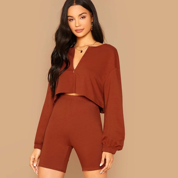

Zip-Up Crop Top & Biker Shorts Set, Rust brown