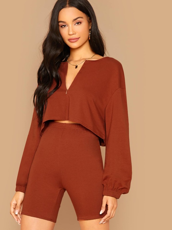 

V-cut Neck Crop Top & Cycling Shorts Set, Brown, Juliette
