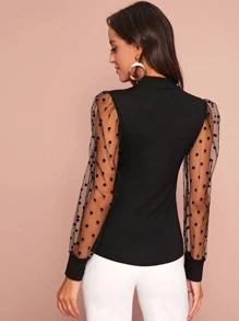 SHEIN Privé Mock-neck Polka Dot Bishop Sleeve Top - Black - View 2