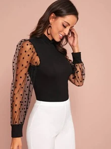 SHEIN Privé Mock-neck Polka Dot Bishop Sleeve Top - Black - View 5