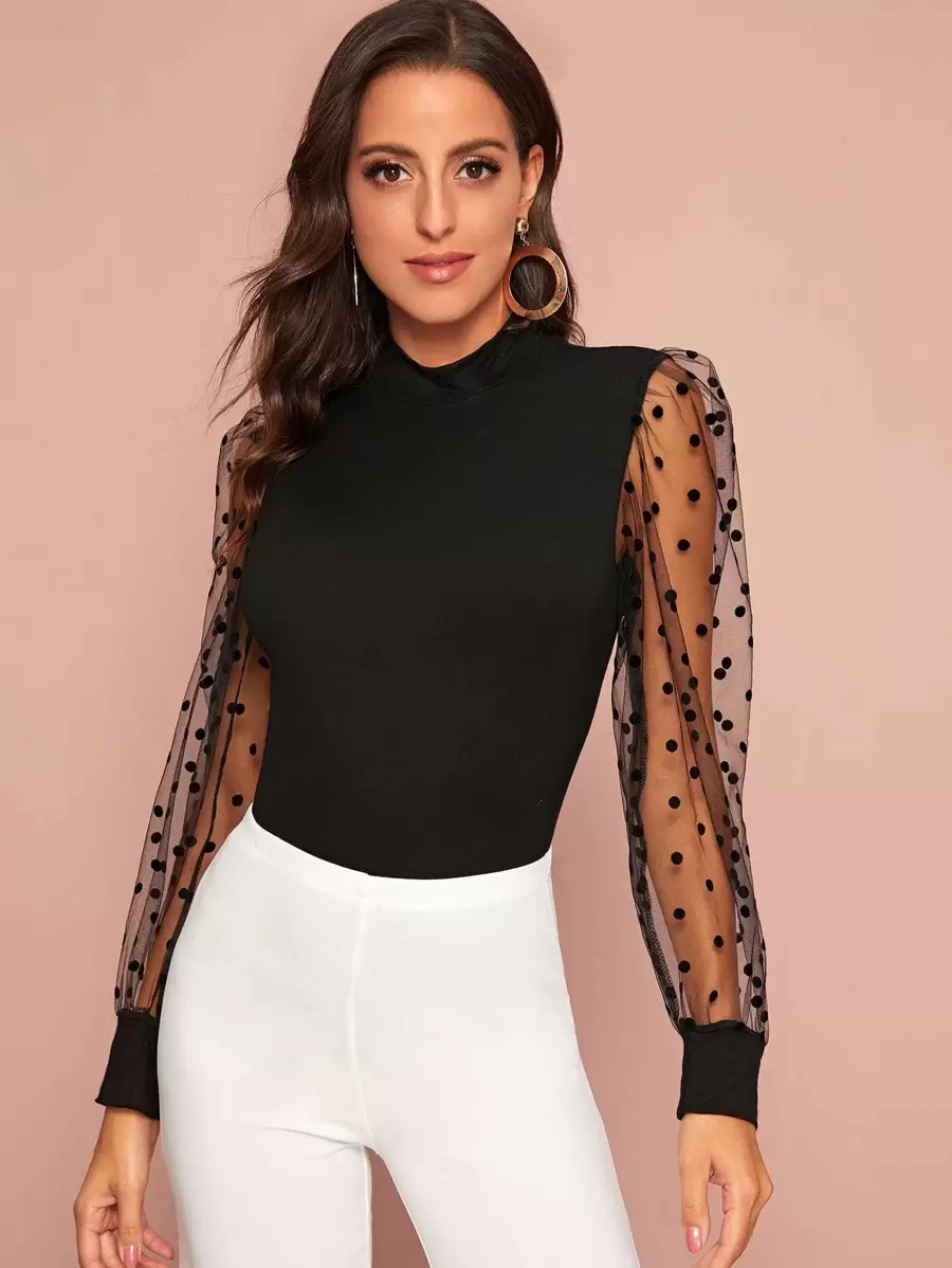 SHEIN Privé Mock-neck Polka Dot Bishop Sleeve Top - Black - View 1