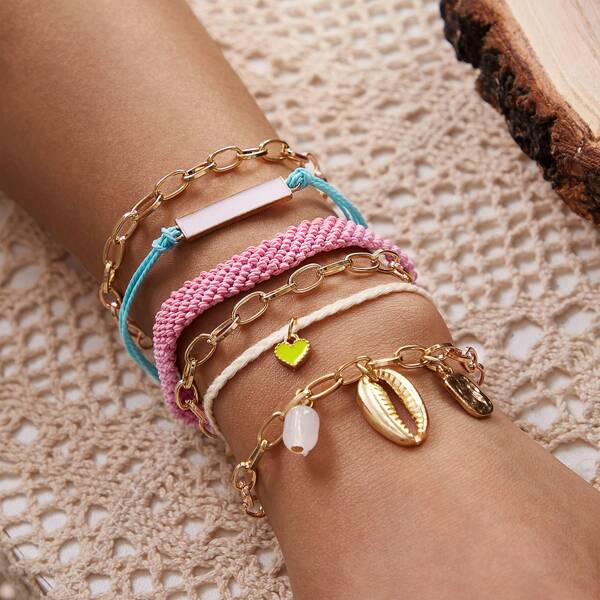 

6pcs Shell & Heart Decor Bracelet, Multicolor