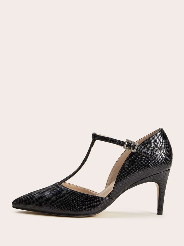 

T-strap Pointed Toe Stiletto Heels, Black