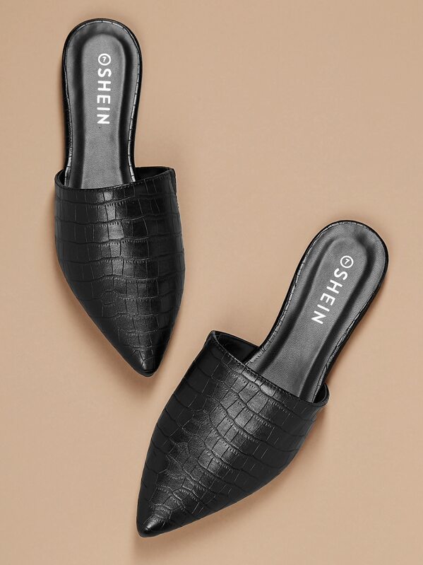 

Crocodile Embossed Pointed Toe Flat Slide Mules, Black