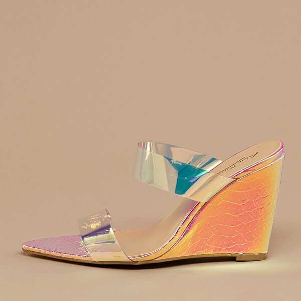 

Pointy Sole Double Iridescent PVC Band Wedges, Multicolor