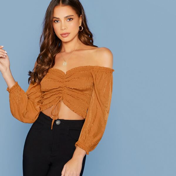 

Ruched Off Shoulder Smocked Bodice Blouse