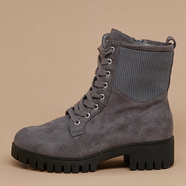 

Knitted Shaft Lace Up Heavy Sole Mountain Boots, Grey