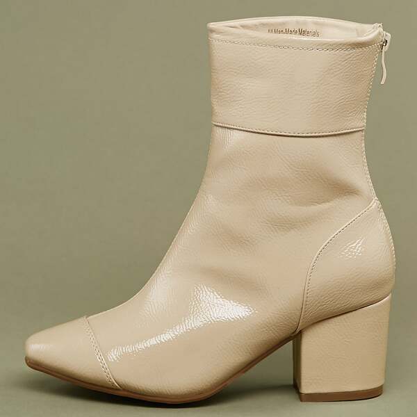 

Mid Calf Cap Toe Low Block Heel Boots, Beige