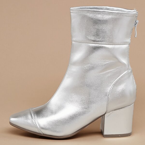 

Metallic Mid Calf Cap Toe Low Block Heel Boots, Silver