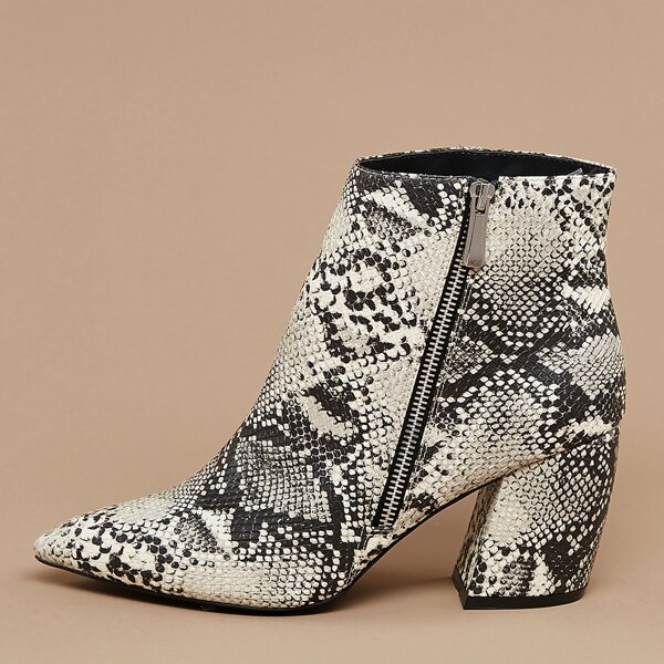 

Snakeskin Pointed Toe Block Heel Ankle Boots, Black and white