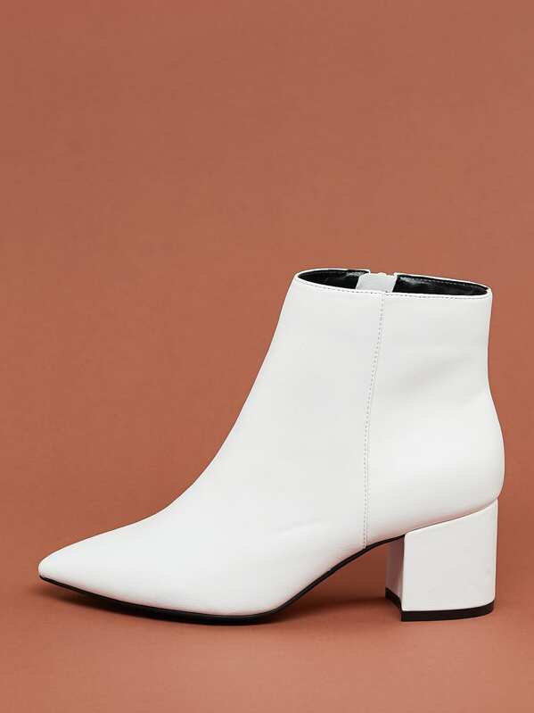 

Crinkled Pointed Toe Block Heel Booties, White