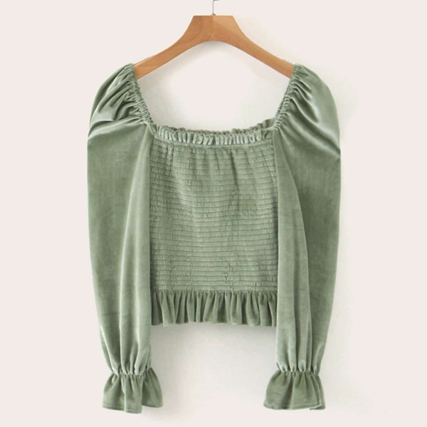 

Puff Sleeve Lettuce Frill Shirred Velvet Blouse, Green pastel