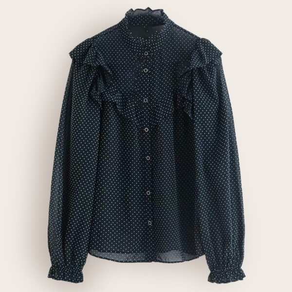 

Polka Dot Ruffle Trim Flounce Sleeve Blouse, Navy