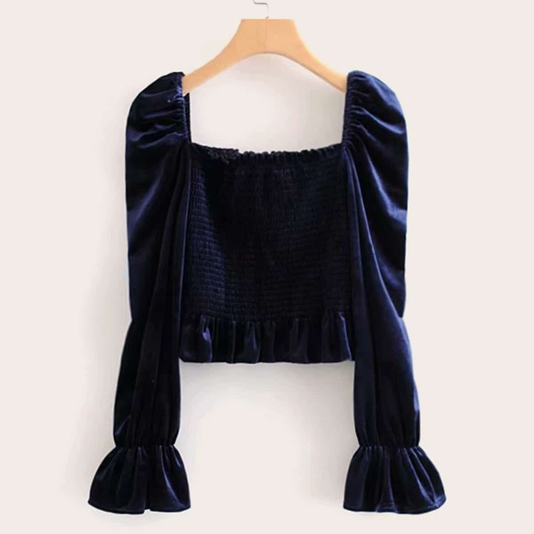 

Puff Sleeve Lettuce Frill Shirred Velvet Blouse