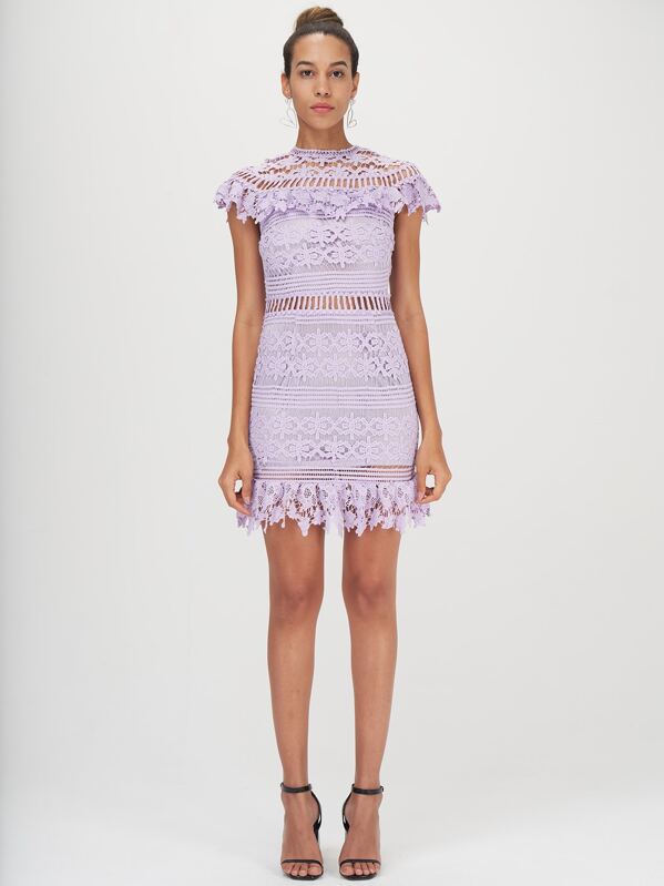 

Mock Neck Lace Overlay Dress, Purple, Elizabeth Jamroz