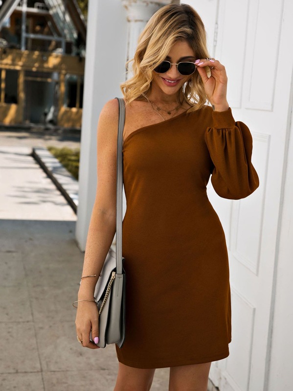 

Solid One Shoulder Fitted Dress, Brown, Andy