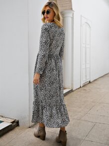 Dalmatian Print Ruffle Hem Smock Dress - Black and White - View 2